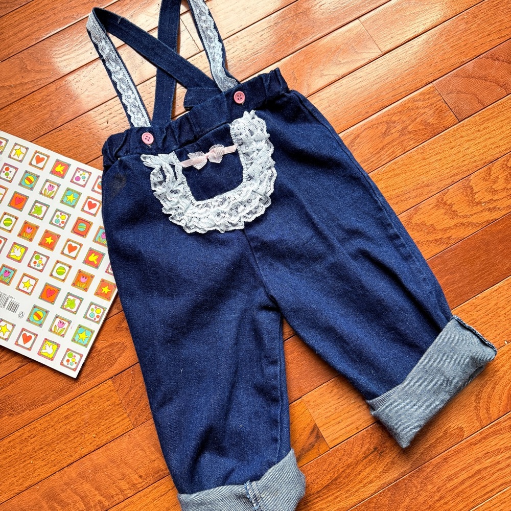 Paperbag Suspender Jeans with Lace Accents, 9-12m